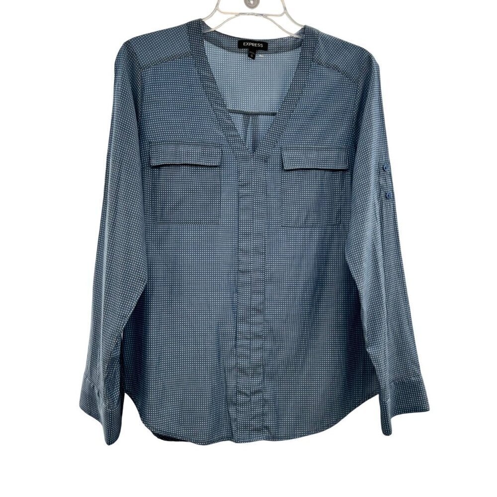 Express Women's Polka Dot Long Roll Tab Sleeve Pullover Top Blue/White Medium
